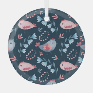 Folk Chickens: Watercolor Seamless Pattern. Glass Ornament