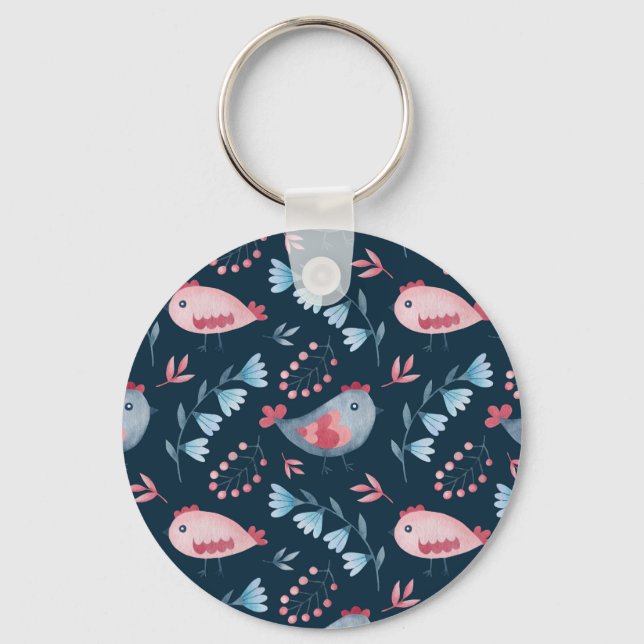 Folk Chickens: Watercolor Seamless Pattern. Keychain (Front)