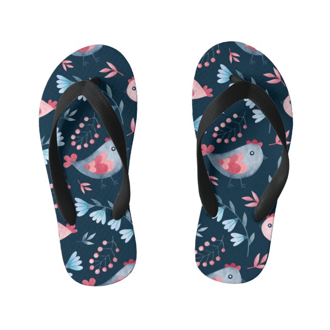Folk Chickens: Watercolor Seamless Pattern. Kid's Flip Flops (Footbed)