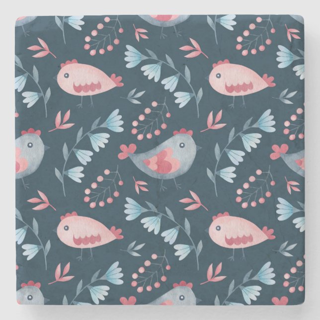 Folk Chickens: Watercolor Seamless Pattern. Stone Coaster (Front)