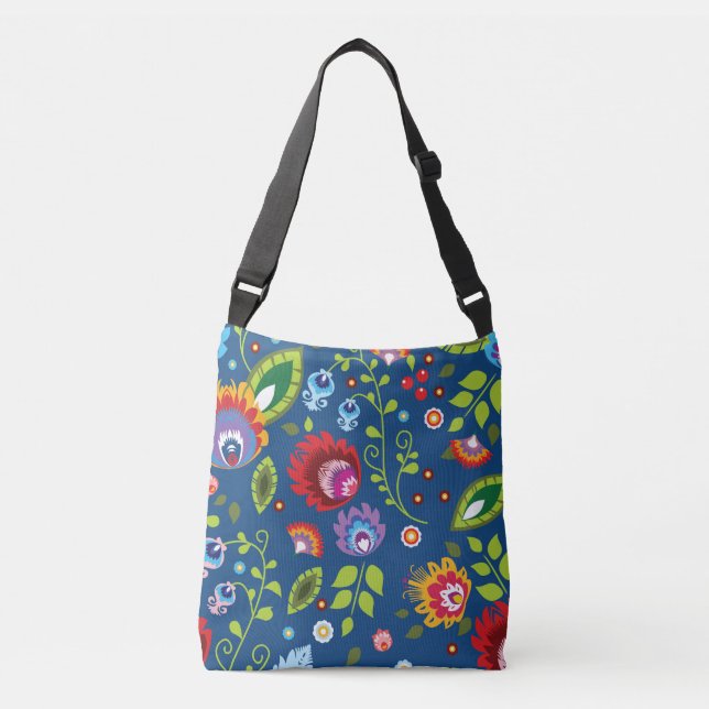 Folk, colorful flowers on classic blue crossbody bag (Front)