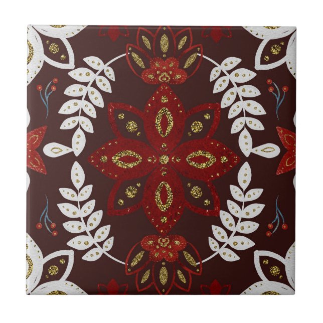 Folk Deep Red Nordic Art Tile (Front)