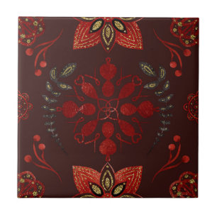 Folk Deep Red Nordic Art Tile