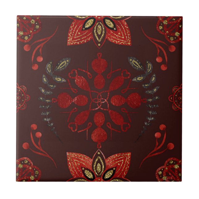 Folk Deep Red Nordic Art Tile (Front)