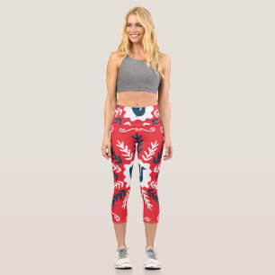 Folk Doodle Art Christmas Tile Capri Leggings