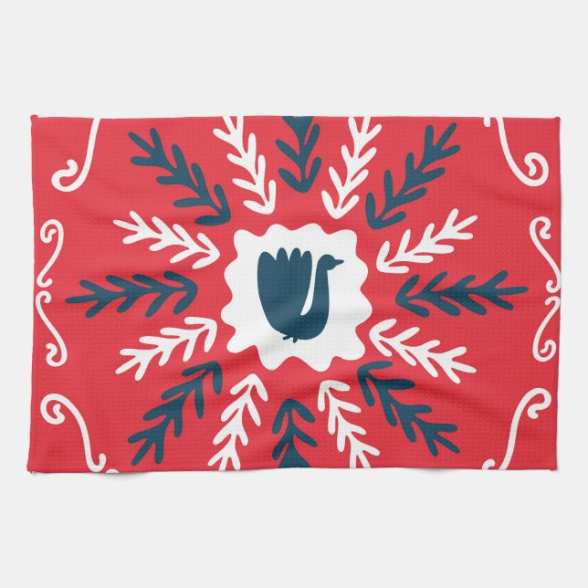 Folk Doodle Art Christmas Tile Kitchen Towel (Horizontal)