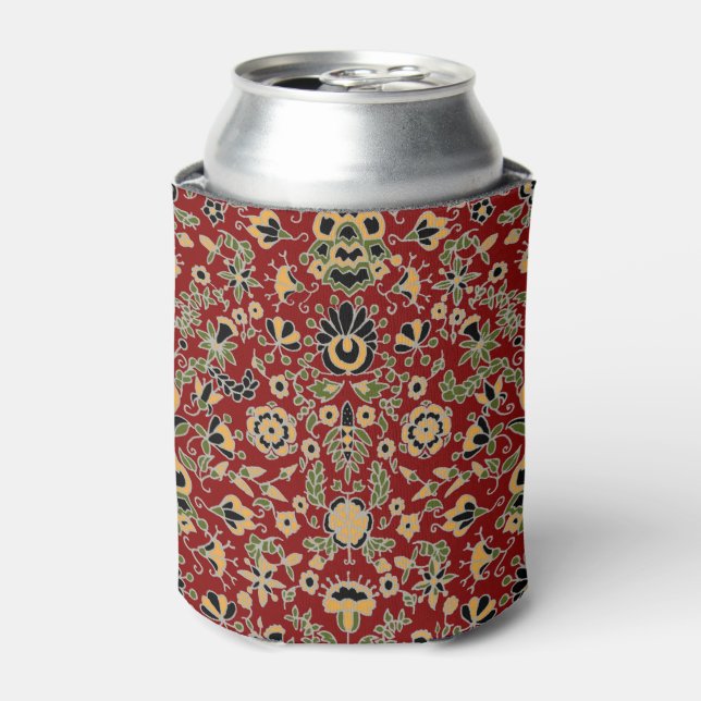 Folk Embroidery Yellow, Green, Black on Deep Red Can Cooler (Can Front)