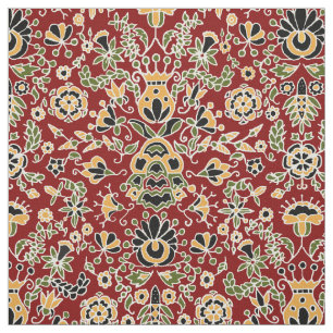 Folk Embroidery Yellow, Green, Black on Deep Red Fabric