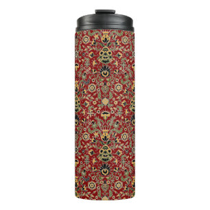 Folk Embroidery Yellow, Green, Black on Deep Red Thermal Tumbler