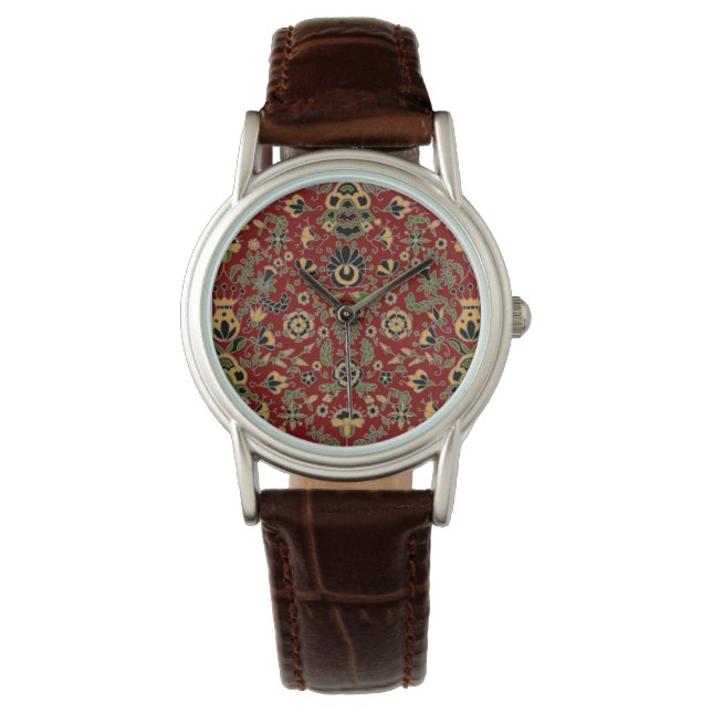 Folk Embroidery Yellow, Green, Black on Deep Red Watch (Front)
