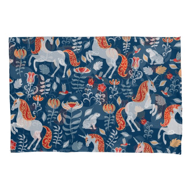 Folk Fantasy: Unicorns, Rabbits, Birds Pillowcase (Front)