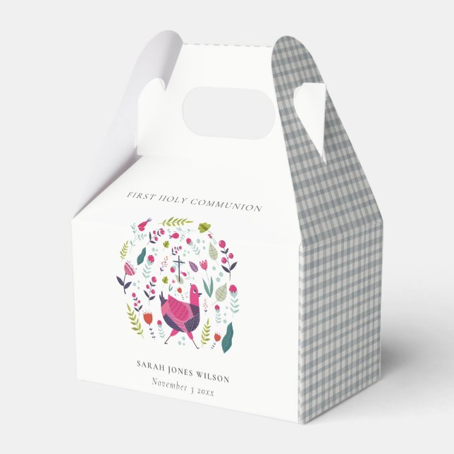 Folk Farm Floral Birdie First Holy Communion Favor Box (Back Side)