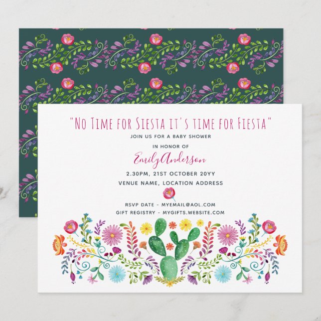 Folk Fiesta Baby shower Invitation Aquarelle Cactu (Devant / Derrière)