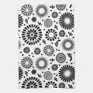 Folk Floral Black and White Flowers Boho Chic Kitchen Towel