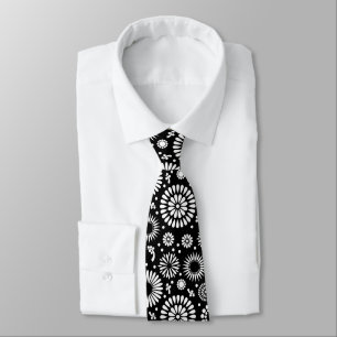 Folk Floral Black and White Sunflower Boho Chic  Tie