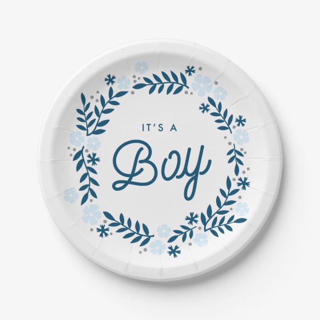 Folk Floral Blue Baby Boy Shower Decor Paper Plate (Front)