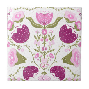 Folk Floral Pattern. Pink & Burgundy Flower Design Tile