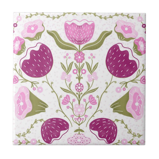 Folk Floral Pattern. Pink & Burgundy Flower Design Tile (Front)