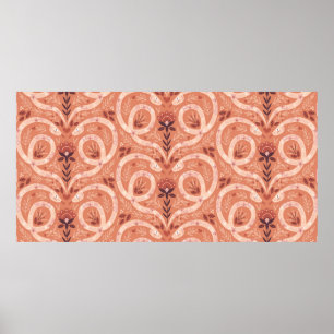 Folk floral snake symmetrical heart seamless patte poster