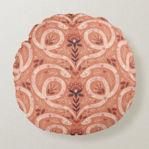Folk Floral Snake: Symmetrical Vintage Round Pillow