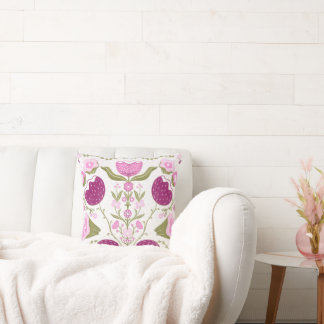 Folk Floral Throw – Pink & Burgundy Botanic. Throw Pillow