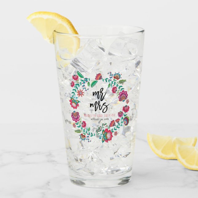Folk Floral Wedding Drinking Glass Rustic Floral (Front Ice)