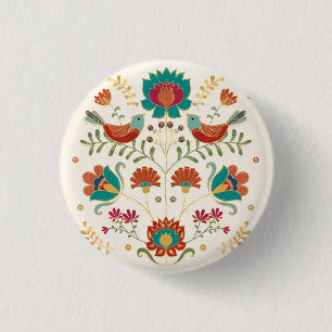 Folk Floral With Birds 1 Inch Round Button