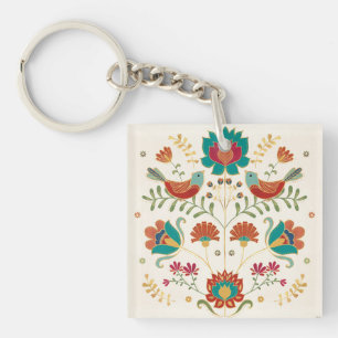 Folk Floral With Birds Keychain