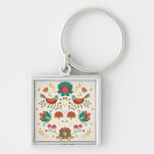 Folk Floral With Birds Keychain