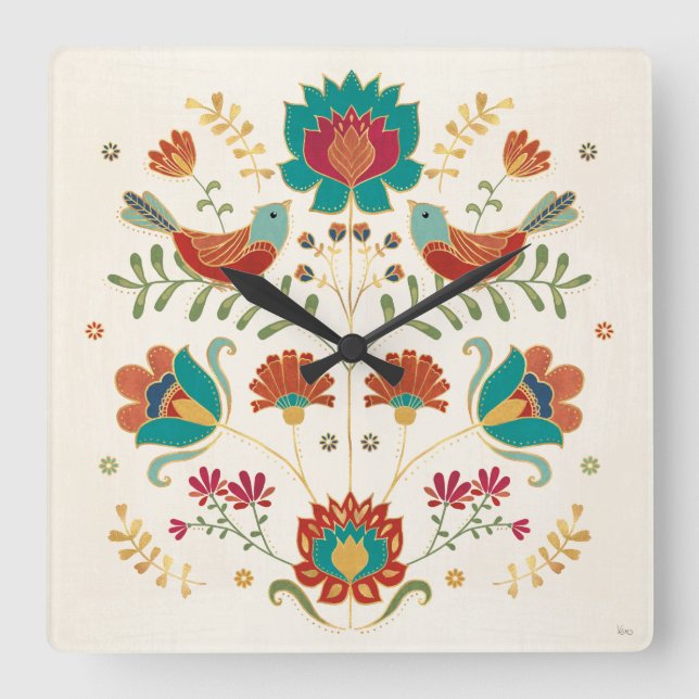 Folk Floral With Birds Square Wall Clock (Front)