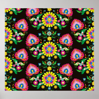 Folk flourish pattern: retro colourful tiles poster