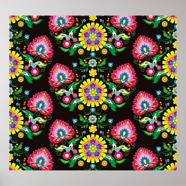 Folk flourish pattern: retro colourful tiles poster (Front)