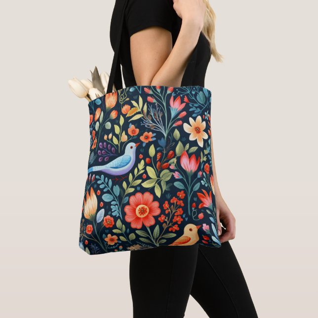 Folk Flowers and Birds Tote Bag (Close Up)
