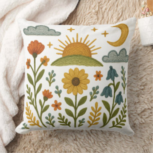 Folk Flowers Embroidered Look  Throw Pillow