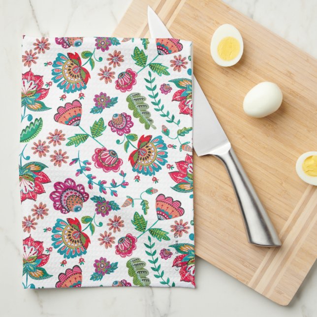 Folk Flowers Floral all-over print Kitchen Towel (Quarter Fold)