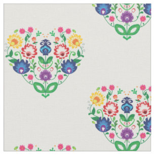 Folk Flowers - heart shaped composition Fabric