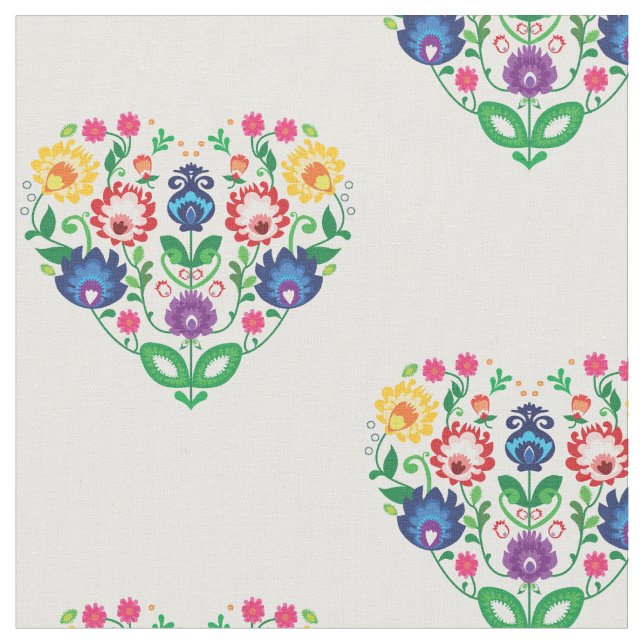 Folk Flowers -  heart shaped composition Fabric (Close Up)