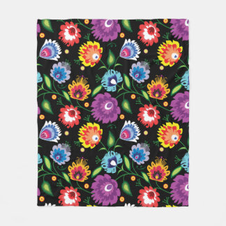 Folk Flowers on black background Fleece Blanket