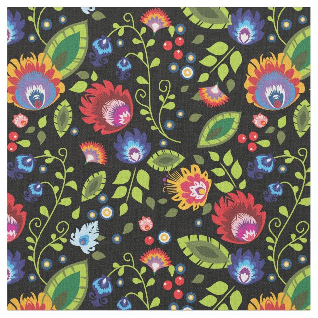 🌻🌼🌷🌺Folk flowers on black Fabric (Close Up)