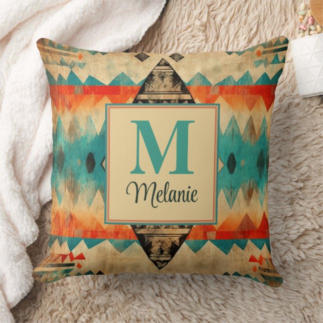 Folk Grunge Pattern Custom Name and Monogram Throw Pillow (Blanket)