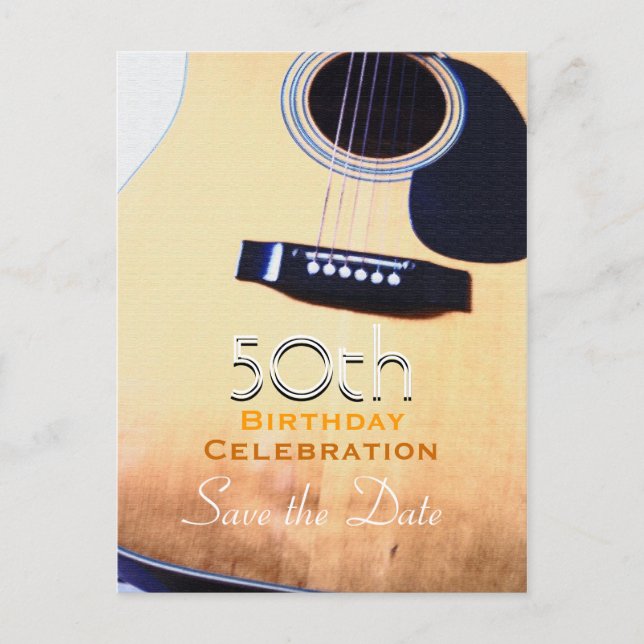 Folk Guitar Custom Save the Date 50th Birthday Announcement Postcard (Front)
