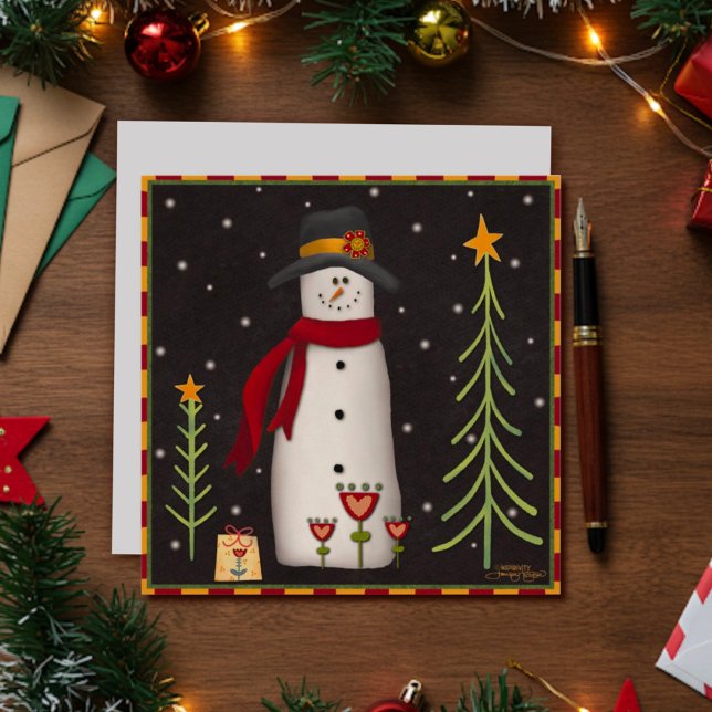 Folk Happy Snowman Cute Christmas Holiday Card (Creator Uploaded)