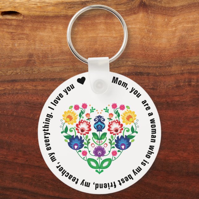 Folk heart with custom text , because I love you Keychain (Back)