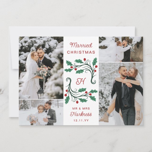 Folk Holly Monogram Married Christmas 4 Photos Holiday Card (Front)