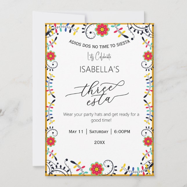 Folk Mexican Floral Three Esta Birthday Invitation (Front)