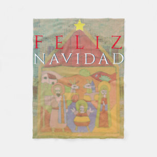 Folk Nativity Scene "Feliz Navidad" Fleece Blanket