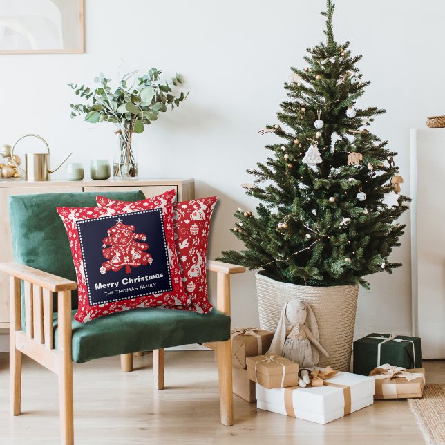 Folk Navy Red Christmas Tree Bunny Floral Throw Pillow (Creator Uploaded)