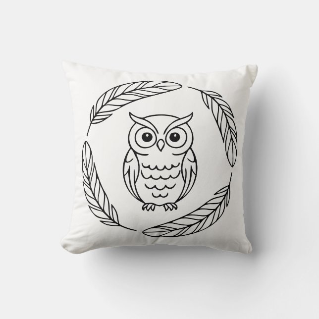 Folk Owl Line Art Surrounded by Feathers Throw Pillow (Front)
