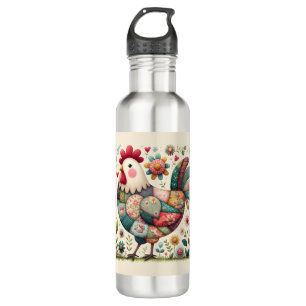Folk Patchwork Rooster with Floral Accents 710 Ml Water Bottle