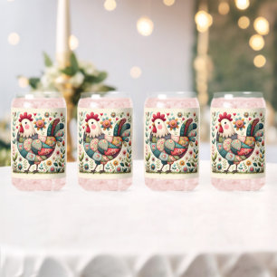 Folk Patchwork Rooster with Floral Accents Can Glass